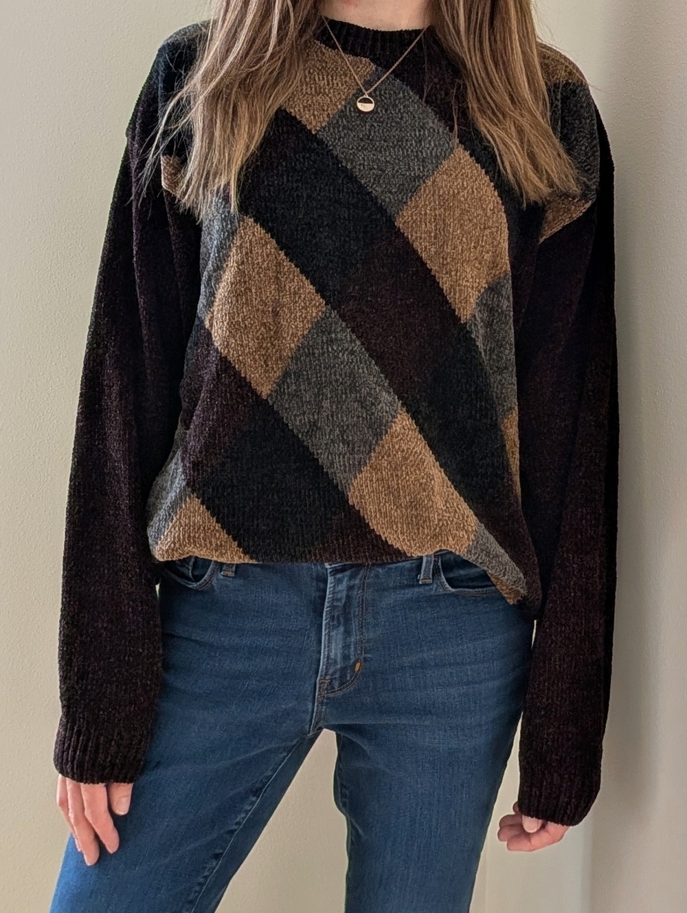 Vintage Argyle Patterned Textured Crewneck Sweater In Dark Brown/Tan